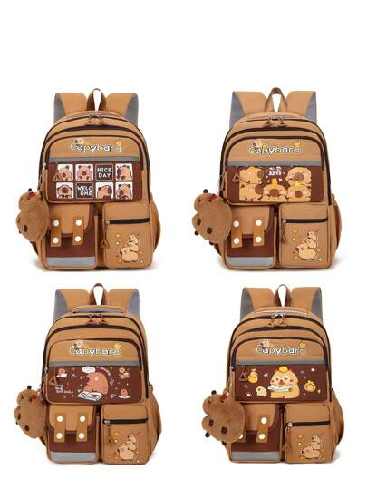 1 件可爱水豚图案返校背包，大容量学生包，带笔记本电脑隔层书包，可调节肩带书包，休闲轻便旅行背包，非常适合女孩/青少年/学生/毕业生，适合日常使用、郊游、旅行、学校和返校