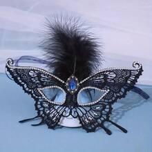 1pc Elegant Women Lace Mask, 3D Feather Mask, Sexy Black Masquerade Mask For Halloween Party, Cosplay Accessory