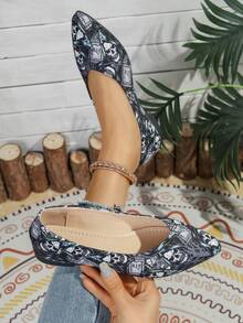 Damen Graue Totenkopf Muster Niedrig Absatz Lässig Schuhe, modisch, elegant, weich und bequem gestaltet, geeignet für Frühling/Sommer Outdoor, Reisen und Urlaub