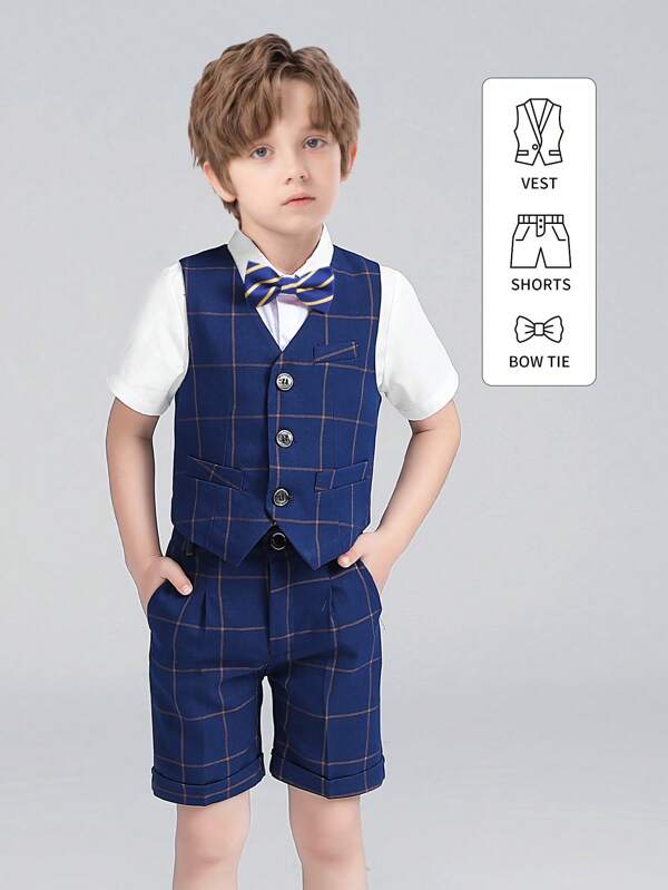 3-delige geruite outfit voor jongens - blauw vest + bijpassende shorts + gestreepte vlinderdas, geschikt voor dagelijks gebruik, verjaardagsfeestjes en andere gelegenheden