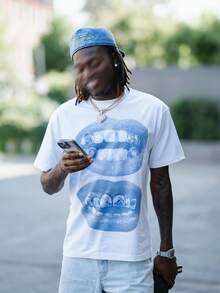 Cool Teeth Graphic Tee - 100% Cotton Men's Streetwear Shirt | Metallic Lips Print Short Sleeve Top, Casual Shirt For Men & Boys - 白色 - 查看 1