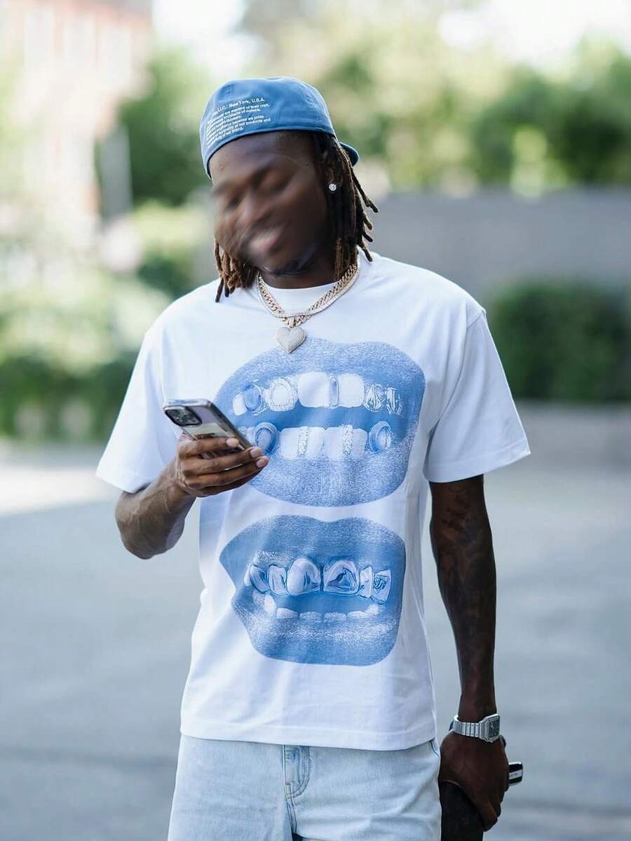 Cool Teeth Graphic Tee - 100% Cotton Men's Streetwear Shirt | Metallic Lips Print Short Sleeve Top, Casual Shirt For Men & Boys - 白色 - 查看 1