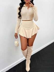 Women's Autumn Apricot Two Pieces Set, Winter Sports And Leisure Skirt Long-Sleeved Two Pieces Set, Casual And Sporty Elegant Outing Clothing - Khaki - View 1