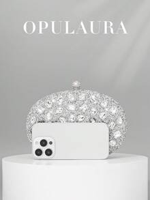 OpulAura 1件装闪亮银色奢华水钻装饰女士手提包，时尚水钻点缀晚宴手拿包，配金属链，适合正式场合、派对、婚礼、生日、情人节礼物 - 銀色 - 查看 5