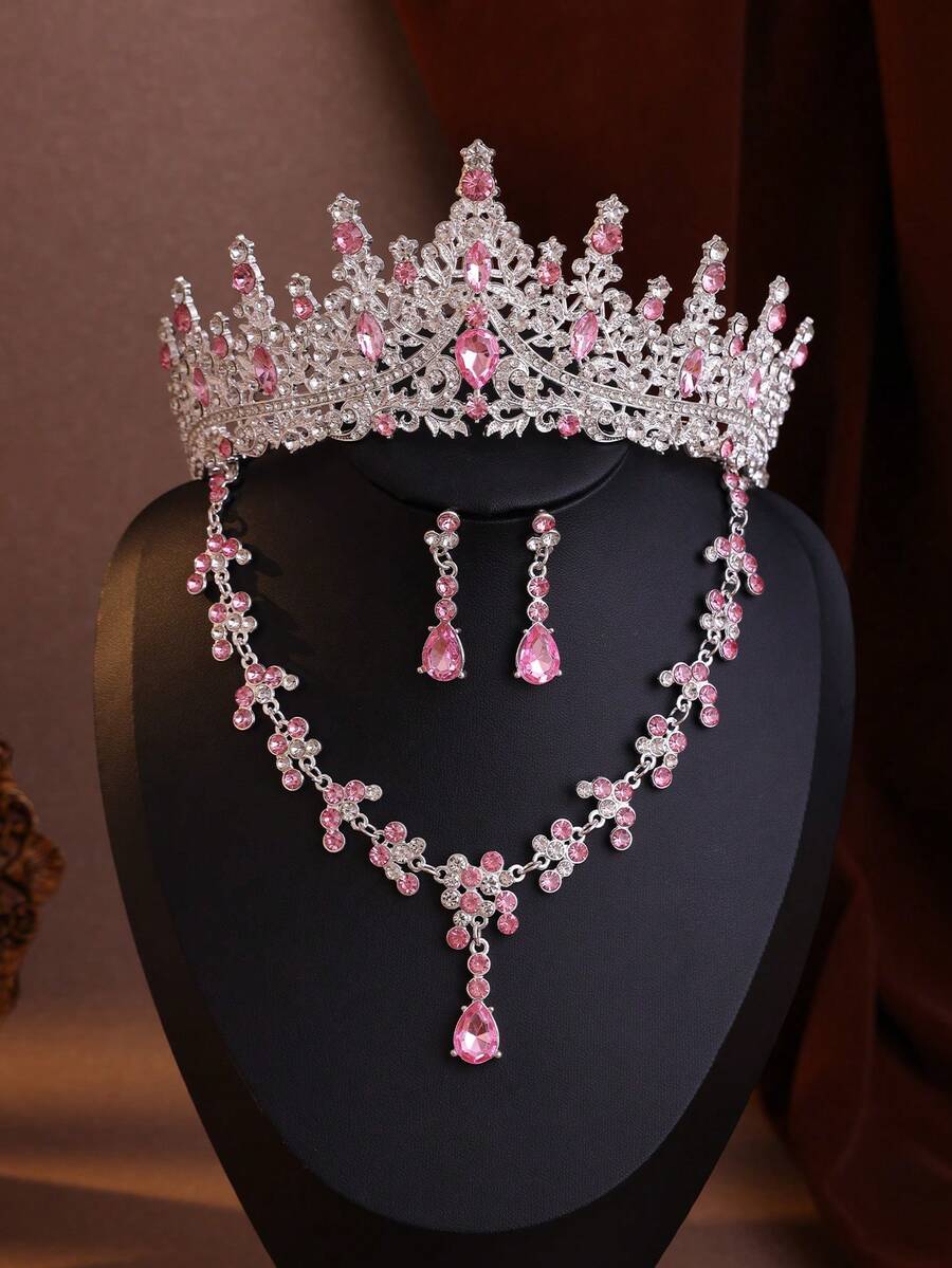 4pcs Elegant Baroque Crystal Crown Necklace And Earrings Set, Suitable For Weddings And Events - 淺粉色 - 查看 1