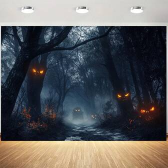 1 stor Halloween-bakgrundsduk för fotografering - Skräckskogsstig med glödande ögon och pumpalyktor, hållbar studiobakgrundsduk lämplig för hem, trädgård, utomhusfester (ingen ström krävs), skapar en kuslig atmosfärdekoration