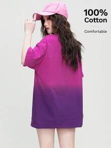 Camiseta de algodón con cuello redondo y estampado de degradado lavado para mujeres