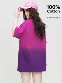 Washed Gradient Print Round Neck Cotton T-Shirt For Women