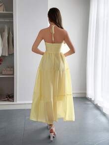 PoPoHouse Women's Summer Casual Sexy Solid Color Halter Low Neckline, Backless, Ruffle Trim, Smocked Detail Maxi Dress - Yellow - View 2
