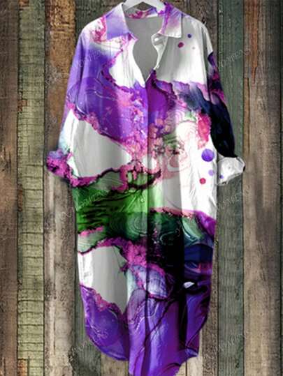 Plus Size Women's Full Body Digital Printed Button Shirt , Suitable For Spring And Summer