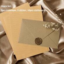 16件/20件套，亚麻图案信封和文具套装，复古牛皮纸邀请卡、明信片、漆面信封、请柬、商务信封、节日礼品信封 - 彩色 - 查看 17