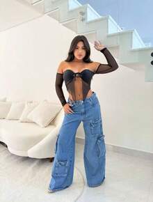 cropped fada assimétrico com bojo manga longa tule dedal balada moda blogueira 2025 moda balada festa sexy Look Estiloso Glamour  Simples    Nó  Assimétrico  Malha Contraste    Palco e Concerto - Preto - Visão 5
