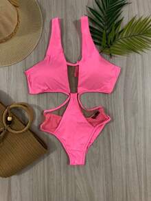 Halter Neck Swimsuit With Tulle Beach Tropical Sun Casual Mesh Fabric Backless / Backless WOMEN'S SWIMSUIT WITH PADS SWIMSUIT SWIMSUIT WOMEN'S SWIMSUIT BEACHFASHION Holidays Home Beach Birthday Party Holiday Night Travel Bachelorette Party Daily Sports And Fitness - 淺粉色 - 查看 1