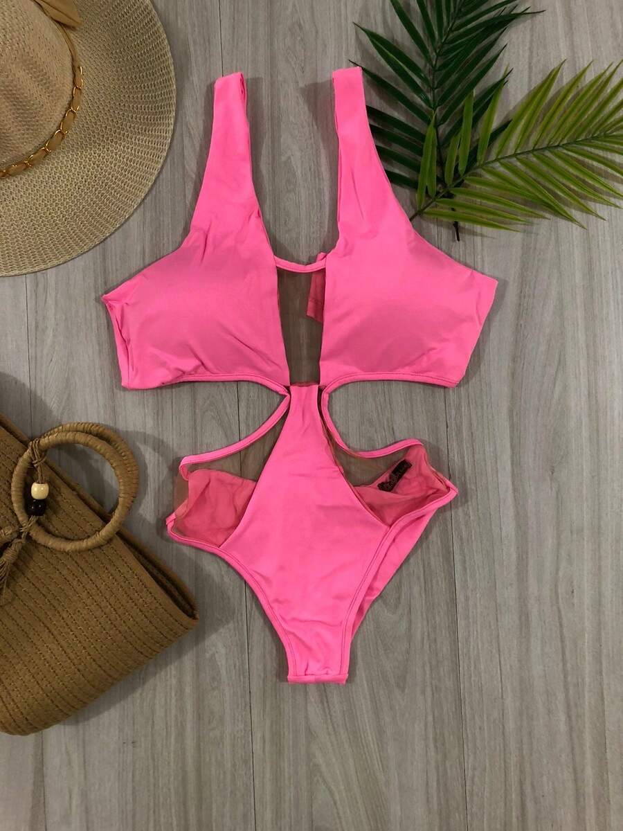 Halter Neck Swimsuit With Tulle Beach Tropical Sun Casual Mesh Fabric Backless / Backless WOMEN'S SWIMSUIT WITH PADS SWIMSUIT SWIMSUIT WOMEN'S SWIMSUIT BEACHFASHION Holidays Home Beach Birthday Party Holiday Night Travel Bachelorette Party Daily Sports And Fitness - 淺粉色 - 查看 1