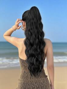 22 Inch Black Water Wave Natural Curly Clip-In Ponytail Hair Extensions, Soft & Natural, Heat Resistant Synthetic Hair, For Women