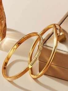 2 Stücke/Set Boho Stil Edelstahl vergoldet Glücksklee, Herz & Stern Armreif Set, 18K Beschichtung mit Strass - perfekt für Einkaufen, Kostümpartys und romantische Dates, Geschenk