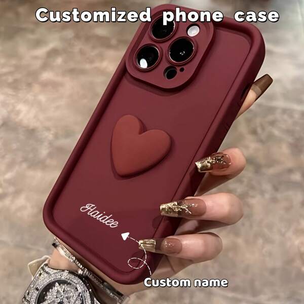 Customizable Name Design, Big Heart Shape Accessories, Silicone Soft Full Body Protective Phone Case With Lens Protection, Anti-Shock & Anti-Fall, Compatible With IPhone 16, 15, 14, 13, 12, 11, A12, A13, A14, A52, S24, S23, S20, Redmi, OPPO
