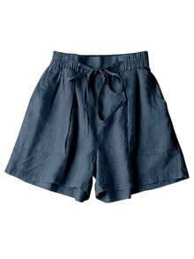 Quần short vải lanh co giãn eo cho nữ, giản dị & phù hợp cho kỳ nghỉ hè - Màu xanh hải quân - Xem 3