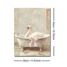 1pc Unframed Cute Pink Bow Swan In Tub Funny Wall Art Poster Canvas Print Maximalist Bathroom Dopamine Decor Painting For Toilet,Living Room,Bedroom,Modern Home Decoration