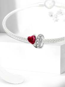 1 PC Fashionable 925 Sterling Silver Red Love Zirconia Double Ring Beads Pendant Beads Pendant Ball Suitable For Bracelets DIY Women's Jewelry