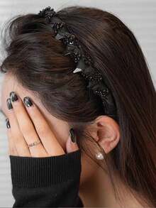 Rhinestone Teeth Decor Non-Slip Handmade Beaded Criss Cross Headband, Fluffy Topknot Headpiece, Lightweight Luxury Women Versatile Accessory, Hair Band, Hair Hoop, Zig Zag Headband, Black, Hair Accessories Head Accessories Hairband - Black - View 5