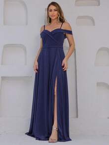 Long Off-The-Shoulder Party Dress With Sparkle For Bridesmaid, Wedding, Princess Graduation - 藏蓝色 - 查看 2