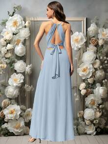 Volly Toych Light Blue Elegant A-Line Pleated Chiffon Formal Bridesmaid Dress, Wedding Guest Dress, Vacation Maxi Dress - Dusty Blue - View 1