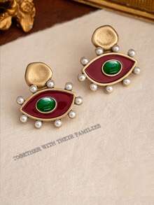 一对复古珍珠和珐琅吊坠耳环，复古独特小耳环 - 綠寶石 - 查看 18