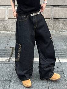 1 chiếc quần jeans ống rộng dáng suông thời trang họa tiết da báo dành cho nam, phong cách đường phố (không bao gồm thắt lưng và phụ kiện) - màu đen - Xem 5