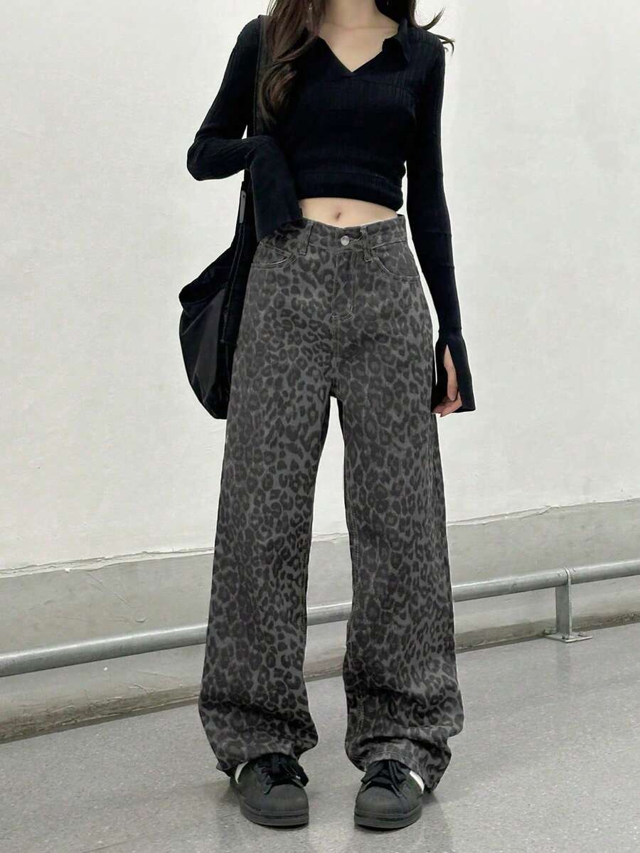 New Arrival Women Leopard Print Jeans, Retro Design Niche Loose Straight Leg Casual Wide-Leg Pants