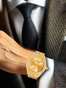 1 件男士新款时尚高端奢华闪亮罗马日历嘻哈金色全钻石英手表 - A - 查看 6