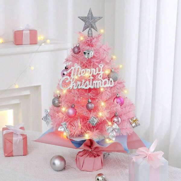 1pc 45cm Holiday Mini Christmas Tree Decor Set, Thick Branches, Pink, No Power Needed, Suitable For Home, Market, Office And Restaurant Christmas Decoration, No Lights Included