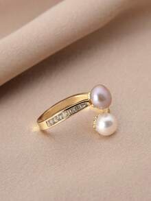 1pc 18K Gold Plated Natural Pearl & Zirconia Adjustable Open Ring For Women - Multicolor - View 3