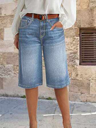 Women's Casual Straight Loose Low Waist Denim Bermuda Shorts, Commuting Style, Summer
