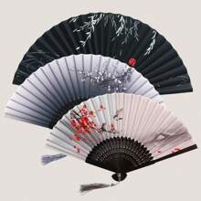 1pc Retro Style Black Fabric Double-Sided Folding Fan With Chinese Dragon Ink Painting Design Summer Cooling,Beach,Travel