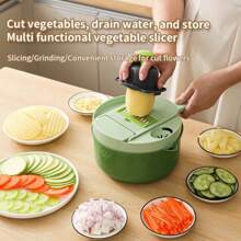 Multifunctional Vegetable Chopper Set - Manual Slicer Dicer With Interchangeable Stainless Steel Blades & PET Container, For Onion/Potato/Cucumber, Camping & Kitchen Essential (Slice, Shred, Grind)