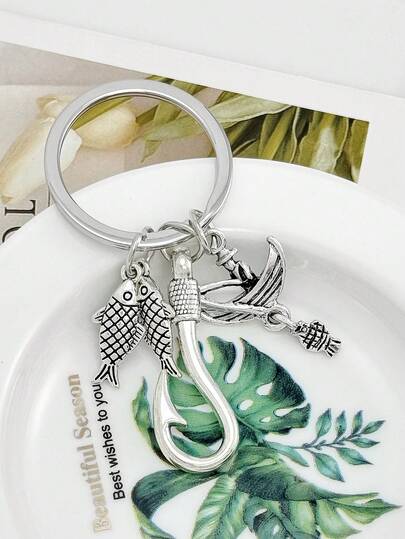 1 pieza Estilo europeo y americano Barco, Gancho de pesca, Diseño de pez Llavero, Colgante único Llavero, Regalo para amantes de la pesca