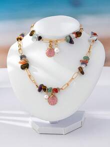 2 件/套秋冬仿珍珠手工天然石项链手链套装，具有不对称形状和碎石，配有搭扣，适合女性日常佩戴