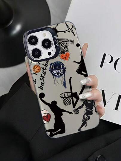 1 pieza Funda de teléfono con diseño de gráfico de baloncesto IML con baño de plata compatible con iPhone11, 11Pro, 11ProMax, 12, 12Pro, 12ProMax, 13, 13Pro, 13ProMax, 14, 14Pro, 14PLUS, 14ProMax, 15, 15Pro, 15PLUS, 16, 16Pro, 16ProMax, 16PLUS a prueba de agua, a prueba de golpes y resistente a arañazos