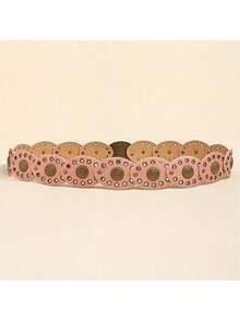 1 件棕色复古朋克风格铆钉和网眼椭圆形女士牛仔腰带/礼服腰带，适合日常穿着、派对和节日夏季、学校 - 粉色 - 查看 3