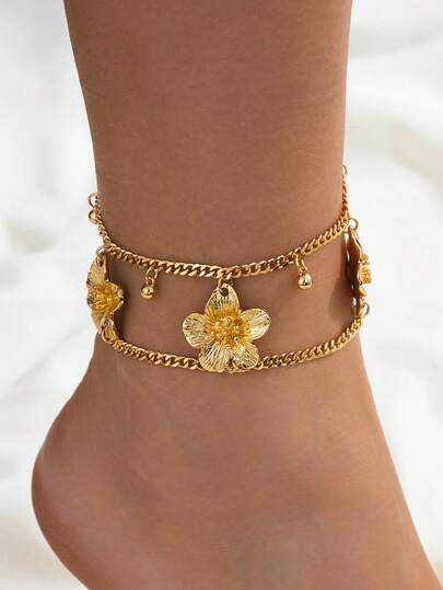 1pc Summer Beach Elegant Lucky Five-Leaf Flower Pendant Anklet, Multilayer Foot Chain For Women, Suitable For Holiday, Party, Date, Daily Wear