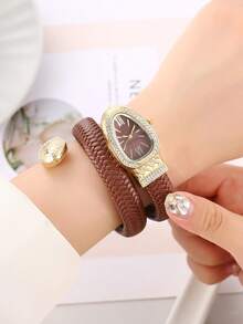 新品热销蛇形环绕腕表，时尚个性石英表，配水钻皮革表带 - 銀色 - 查看 12