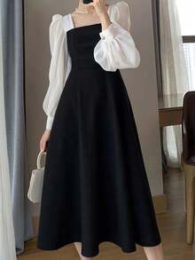فستان بناتي أسود قصير الأكمام على الكتف بتنورة A مقاس طويل، أكمام منتفخة، رقبة مربعة، قصة فرنسية فاخرة شبه شفافة، مناسب للربيع والصيف والخريف، يصلح للارتداء اليومي والمناسبات الرسمية