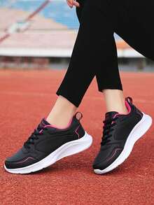 1 Pair Women's Waterproof Sports Shoes, Leather-Like Black, Lightweight Casual Running Traveling Shoes, Summer 2024 New Arrivals, Genuine Product, Simple Solid Color, Comfortable Breathable Running Shoes, Also Available In White Lace-Up Casual Non-Slip Road Running Shoes - Black - View 1