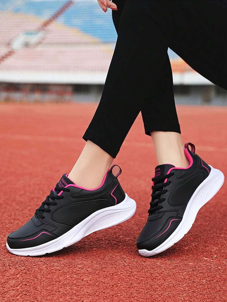 1 Pair Women's Waterproof Sports Shoes, Leather-Like Black, Lightweight Casual Running Traveling Shoes, Summer 2024 New Arrivals, Genuine Product, Simple Solid Color, Comfortable Breathable Running Shoes, Also Available In White Lace-Up Casual Non-Slip Road Running Shoes - Black - View 1