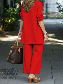 3pcs/Set Women Minimalist Solid Color Outfit: Casual Jacket, Round Neck Sleeveless Top, Elastic Waist Loose Pants, Spring/Autumn/Winter