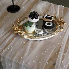 1 pieza Mantel decorado con perlas falsas, mantel de tul blanco con perlas para bodas, decoración de arco nupcial, fiesta de despedida de soltera, decoración de fiesta, faja para silla, telón de fondo para eventos, Navidad, decoración de boda, tela de malla transparente con perlas para fiestas de San Valentín y reuniones en el hogar