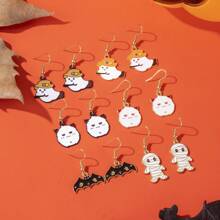 1 par/6 pares de pendientes novedosos y de moda con diseños de gato, murciélago, momia y escoba de bruja para mujeres, regalos de fiesta de Halloween para amigos