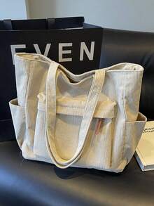 Modna, jednokolorowa torba typu tote z wieloma kieszeniami dla kobiet, duża pojemność, swobodna torba na ramię na wakacje na świeżym powietrzu, lekka i uniwersalna torba na zakupy, prosta, codzienna torba typu crossbody do dojazdów do pracy i szkoły - Beżowy - Zobacz 2