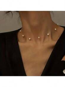 1pc Retro Invisible Fishing Line Faux Pearl Elegant Short Necklace - White - View 2